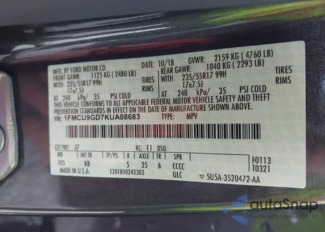 2019 Ford Escape Se z USA, uszkodzony, nr VIN 1FMCU9GD7KUA08683